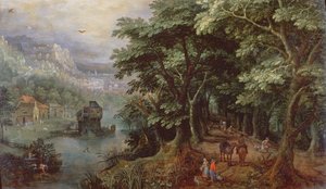 通りに人物がいる風景、1595年頃（パネル） 作： Gillis van III Coninxloo